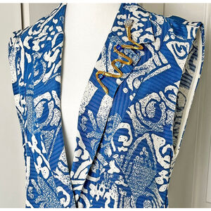 Blue Abstract Print Vest with Custom Zigzag Brooch Set - Women's Medium